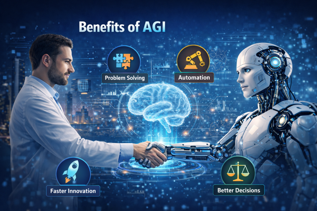 Benefits of Artificial General Intelligence showing human and AI robot collaboration for automation innovation and decision making