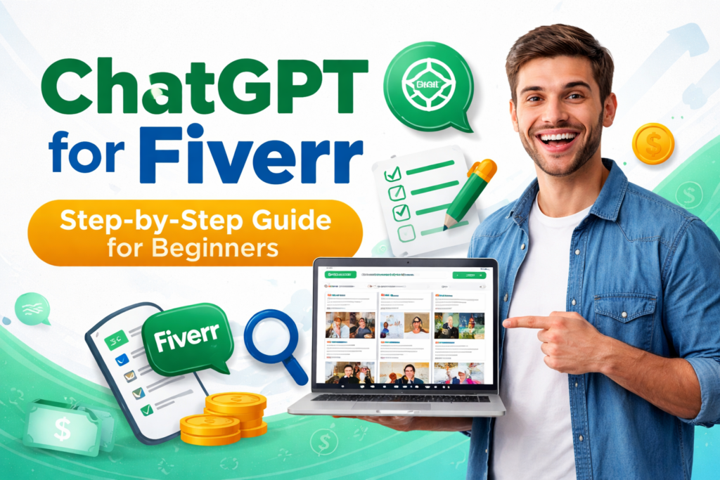 ChatGPT for Fiverr step by step guide showing beginner using AI to optimize Fiverr gig and increase sales