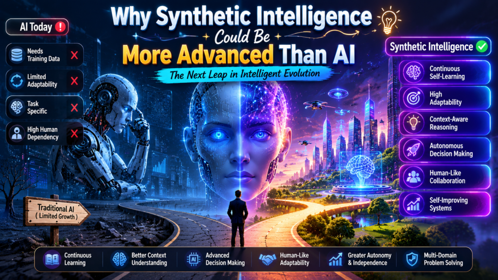 Why Synthetic Intelligence Could Be More Advanced Than AI infographic showing futuristic human-centered artificial intelligence systems with adaptive learning, autonomous decision-making, and next-generation synthetic intelligence technology.