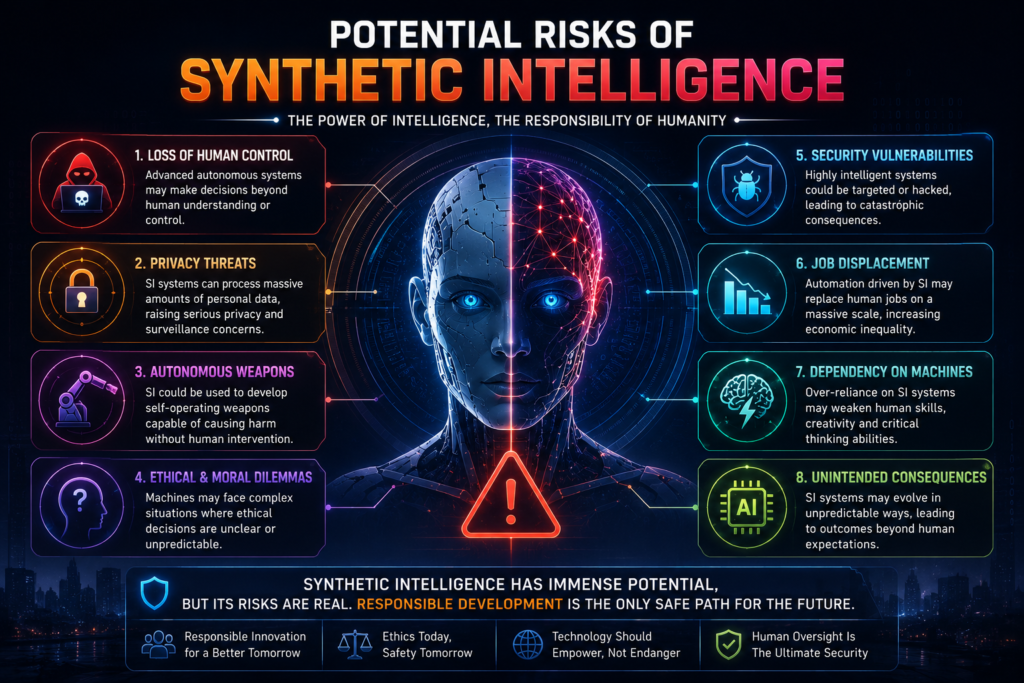 Potential Risks of Synthetic Intelligence infographic showing cybersecurity threats, privacy concerns, autonomous AI systems, and loss of human control in futuristic synthetic intelligence technology.