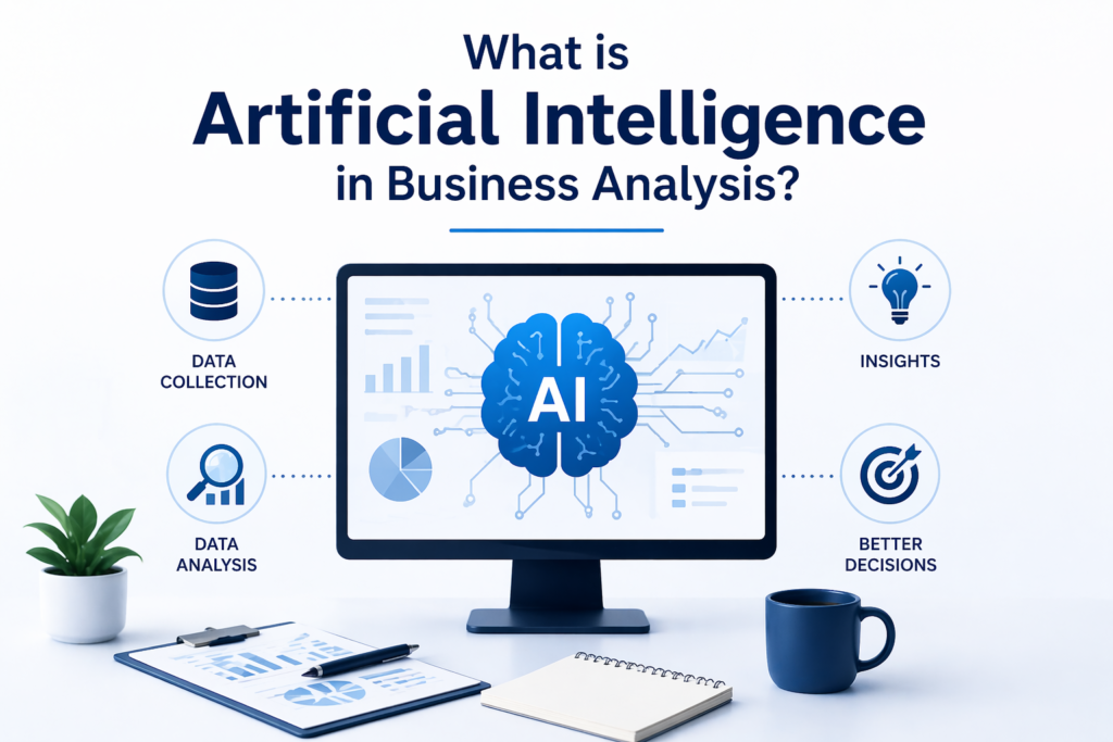 Artificial Intelligence Business Analysis explanation showing AI data analysis and business decision process