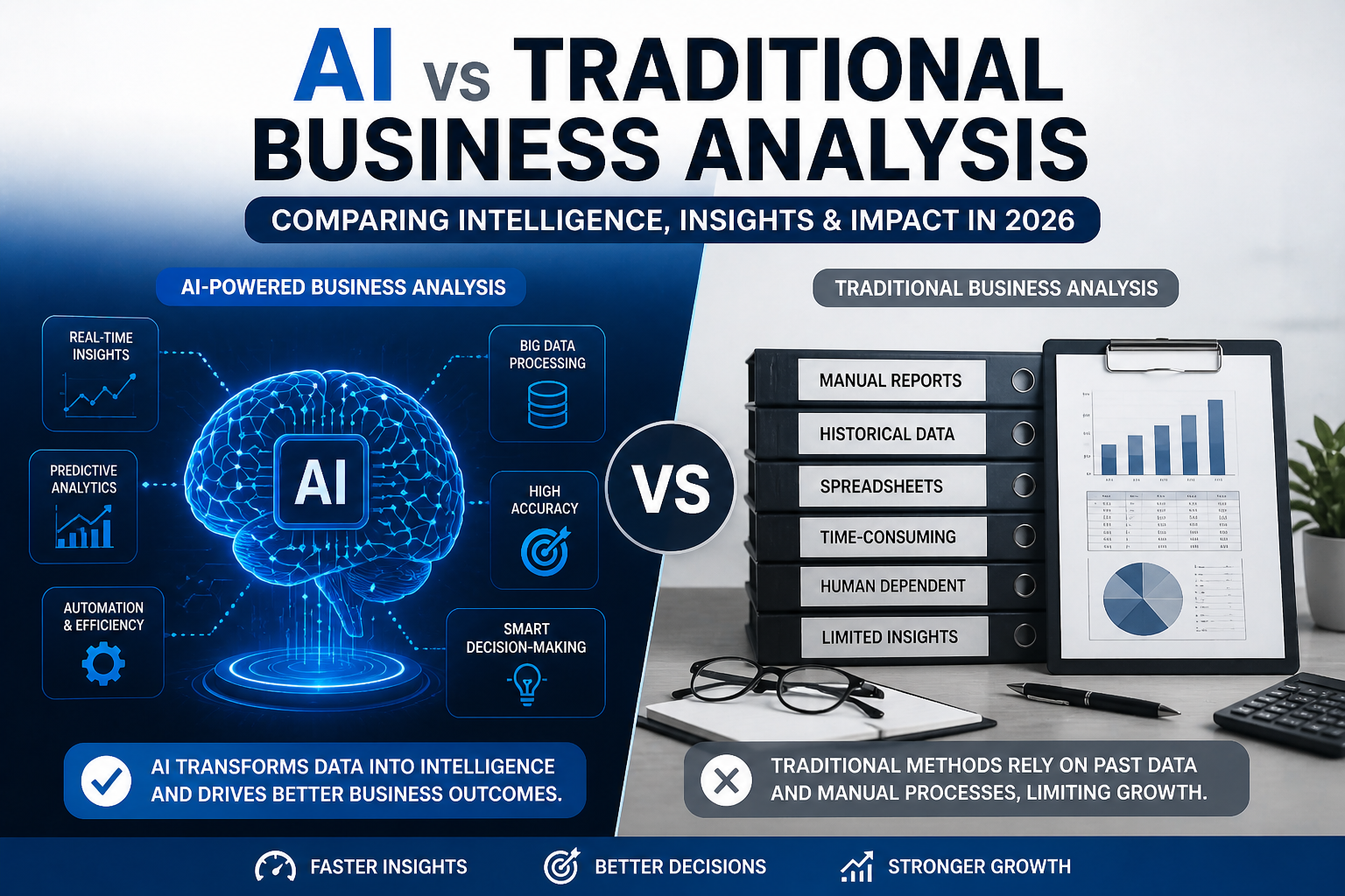 AI vs traditional business analysis 2026 showing artificial intelligence powered analytics compared with manual business analysis methods