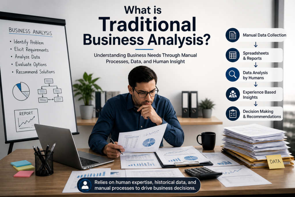 traditional business analysis showing manual data collection spreadsheets reports and human decision making process