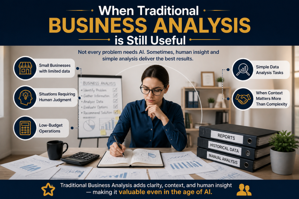 when traditional business analysis is still useful showing human judgment manual reporting and simple data analysis for business decisions