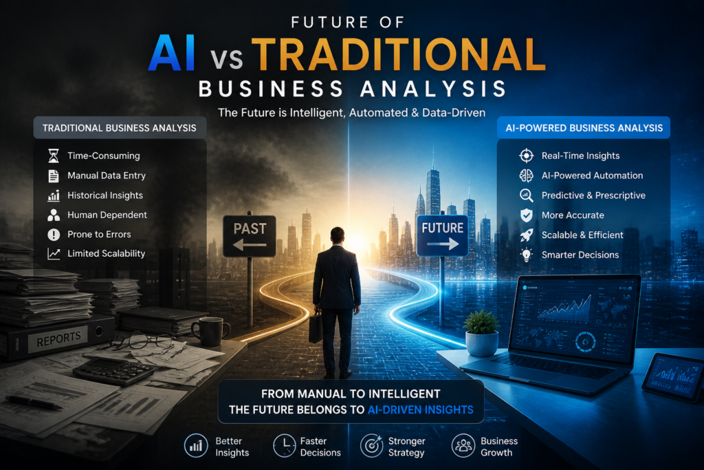 future of AI vs traditional business analysis showing artificial intelligence automation predictive analytics and modern business decision making